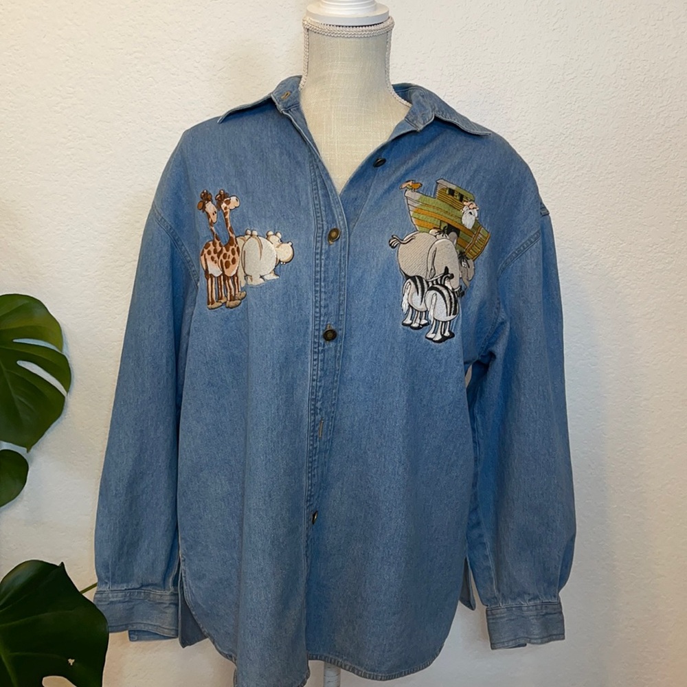 Regina Porter. size L. Denim button up. Noah’s ark inspired stitch design.